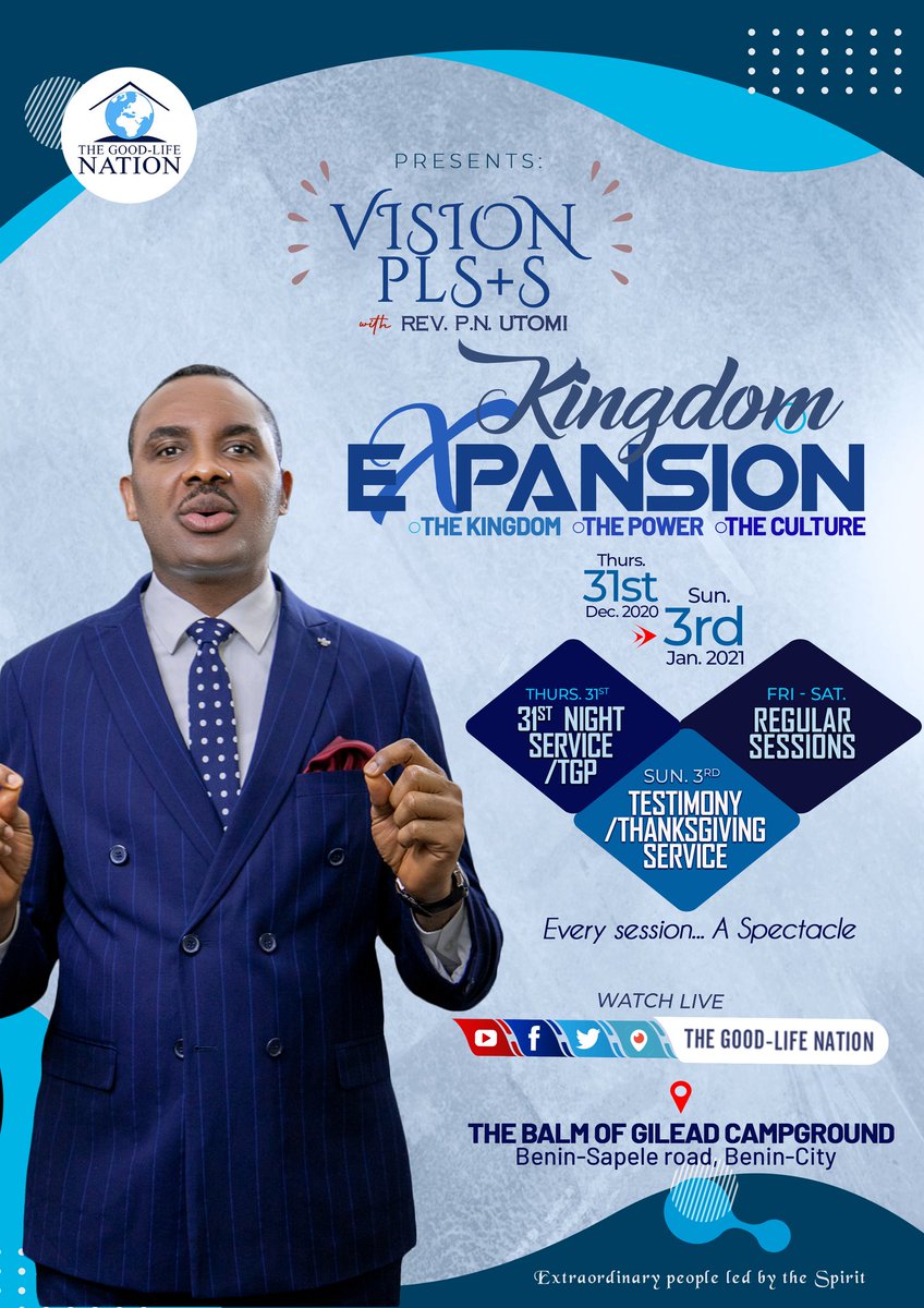 Join us for Vision PLS+S / Day 2 of 7 Days of Accomplishment with RPN, LIVE on our social media platforms

youtube.com/c/THEGOOD-LIFE…

facebook.com/TGLFInc/  

instagram.com/TGLFInc/  

PERISCOPE <a href="/TGLFInc/">THE GOOD-LIFE NATION</a> - The Good-Life Nation

#RPN

#KingdomExpansion 

#APeopleAreComing