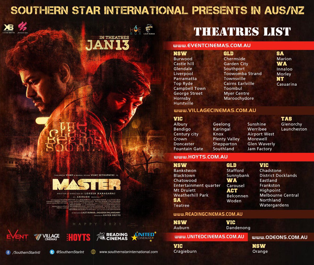 Aakashavaani (@theaakashavaani) on Twitter photo Here You Go!! #Master Australia location list. Advance bookings will open from Monday midnight. Release by <a href="/SouthernStarInt/">Southern Star Intl</a>. Here You Go!! #Master Australia location list. Advance bookings will open from Monday midnight. Release by <a href="/SouthernStarInt/">Southern Star Intl</a>.