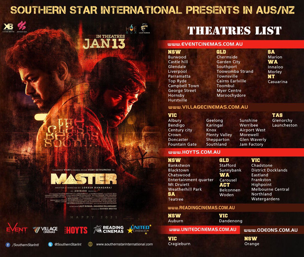 #Masterfilm will be the Biggest ever Release for a Kollywood film in Australia. Official #Master Australia location list!Advance bookings will open from Monday midnight. Release by @SouthernStarInt 🤜🤛 @actorvijay @Dir_Lokesh @MrRathna @Jagadishbliss @MasterMovieOff
