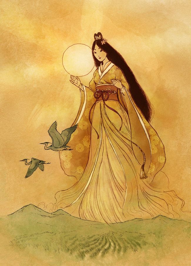 1/nThe ancient Japanese sun goddess Amaterasu-ō-mikami hides in and re-emerges from the Iwato cave first recorded in the oldest Japanese texts. Her origin is found in the Rig Veda as the Dawn goddess Usha- in the form of a beautiful woman who heralds the rising of the sun.