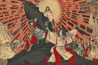 2/nThe Japanese story is an echo of Rig Vedic account that she was hidden in a cave found on an island in the middle of the stream at the end of the world. The cave is opened by Indra, accompanied by poets and singers. They recite, sing, and compose Mantras to release her.