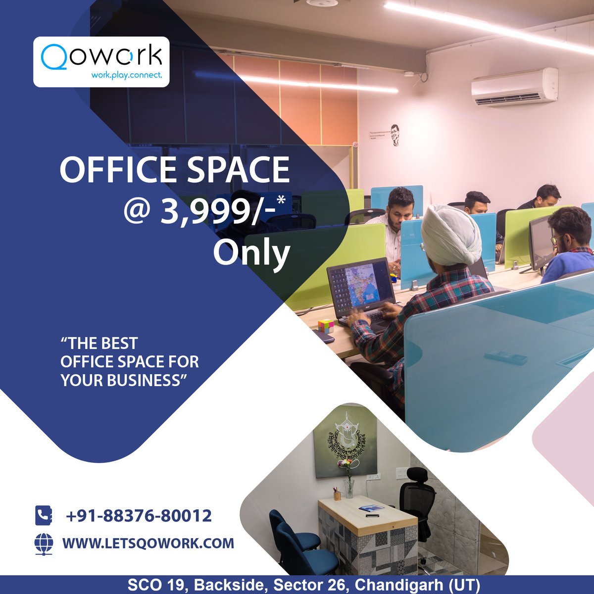 letsqowork's tweet photo. Comfortable &amp; Professional Office Space @3999/-* 
Book now.
Call:+91-88376-80012
Visit: https://t.co/VnK9VFaCeG
T &amp; C Apply
.
.
.
.
#Qowork #coworkingspaceinchandigarh #officespace #office #interiordesign #officedesign #design #workspace #business #officefurniture #officespace https://t.co/Wm9WtpgXVM