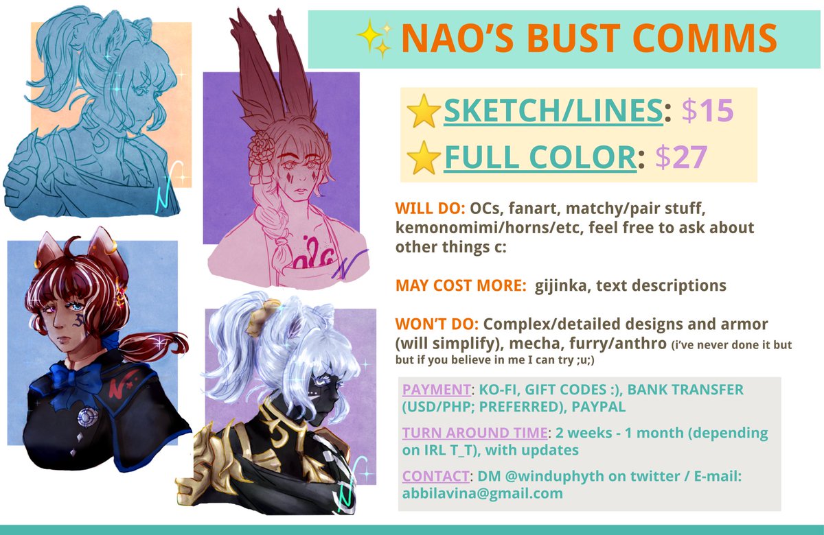 winduphyth's tweet image. [RT💖] hi all we're trying out some drawin comms! ;u; feel free to DM me if you have questions!

✨Prices are for one character (feel free to ask if you'd like more than one!)
✨Payment done before I start on your comm
✨See thread for more samples and info! ⬇