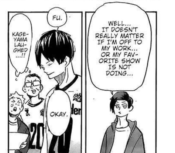 I'll be waiting my whole life for this panel to get animated. kageyama laughed because of kunimi. repeat, kageyama laughed because of kunimi. 