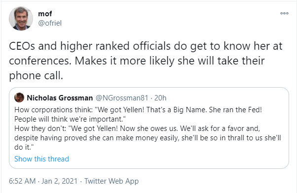 Confused about attacks on Yellen's speeches? It's mostly left-wing opposition to capitalism, not Yellen's abilities or policies per se.If you think the job of Treasury Sec is "violence towards the corporate class" and the Secretary should refuse to talk to CEOs, she's not that.