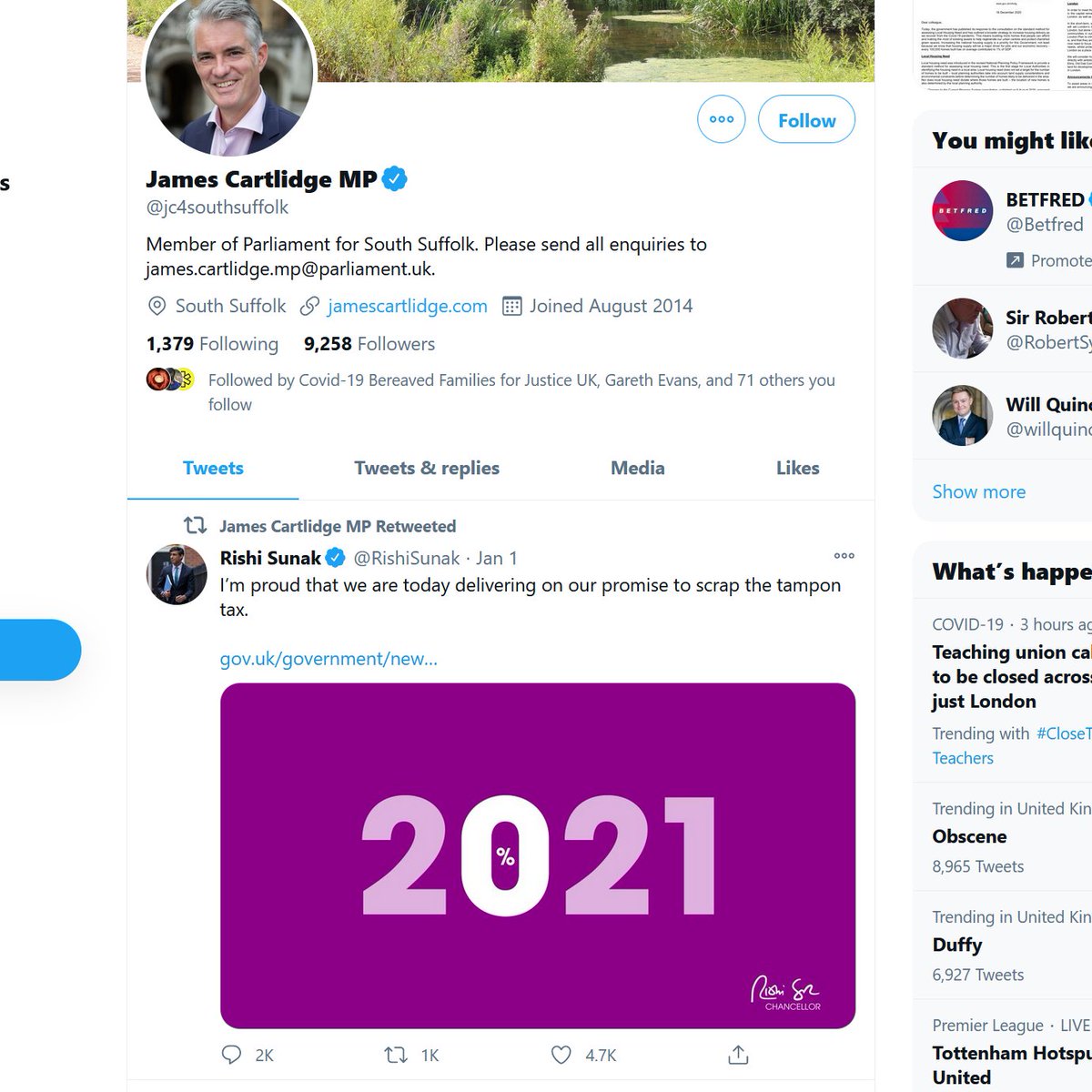 James Cartlidge, Conservative MP for South Suffolk didn't post his own tweet. But he did retweet Rishi Sunak. James, how soon you forgot your vote in 2015 against abolishing the Tampon tax!