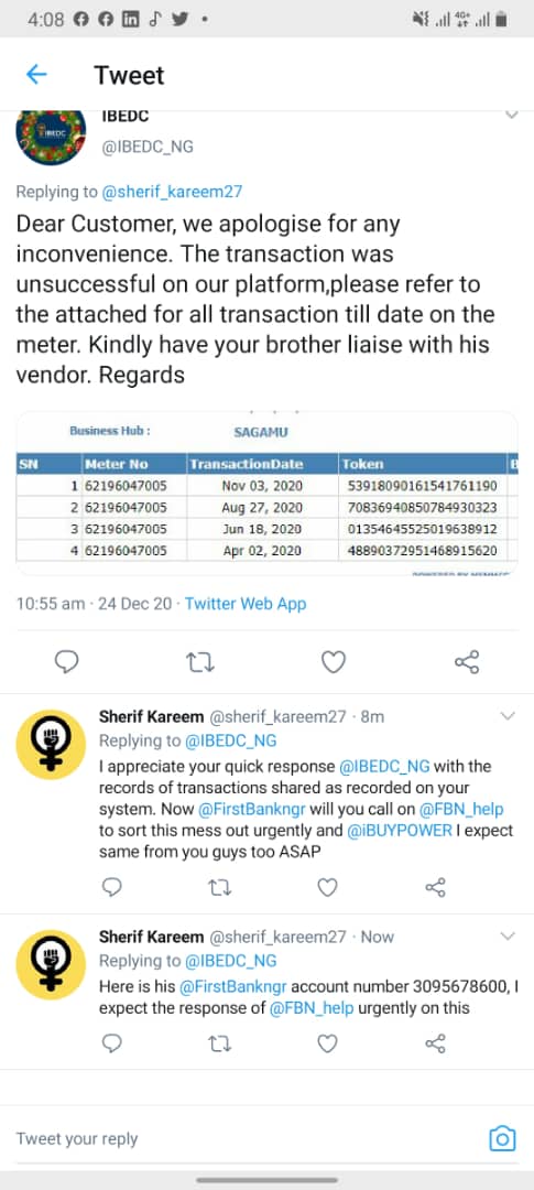 AinaPholly's tweet photo. On December 24th @IBEDC_Disco responded to the tweet stating that the transaction failed, advised that I go back to my vendor (first bank) https://t.co/0HkZuQ2Jl1