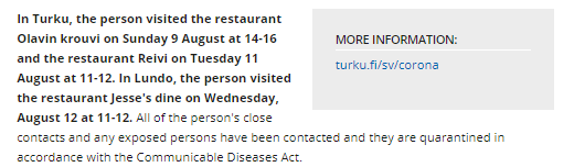 Tracing.Finland: Contact tracers call people at schools, daycares, hobbies, work, public places etc. Found many superspreader events. An app from September.Sweden: The patient informs their own contacts. Tegnell considers it a better system. Exposures never in news. No app.