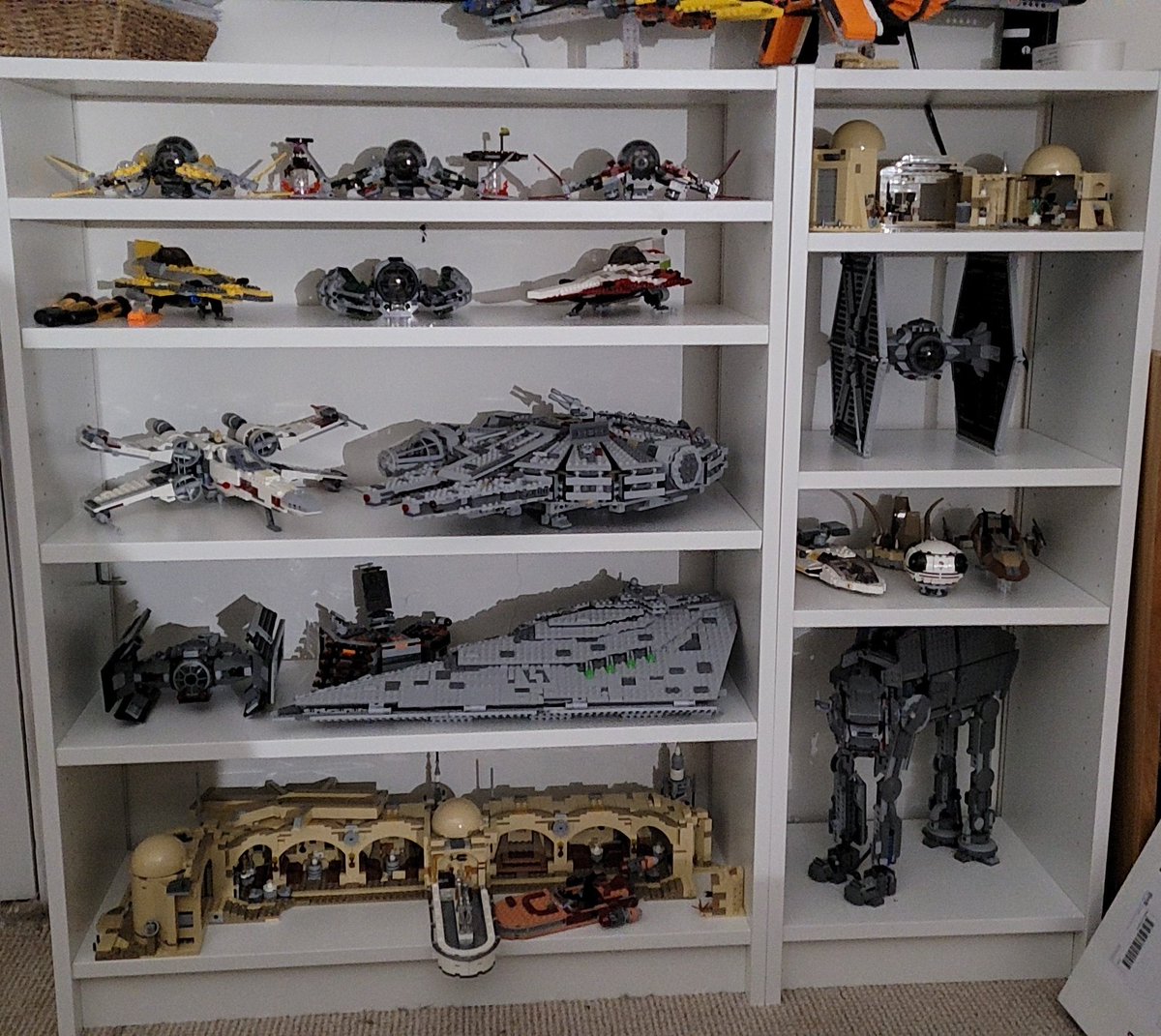 _tatertott's tweet photo. Gotta find room for 3 pod racers and a Slave I. #FirstWorldProblems #legoproblems #starwarsproblems https://t.co/jB5eDgOv2O