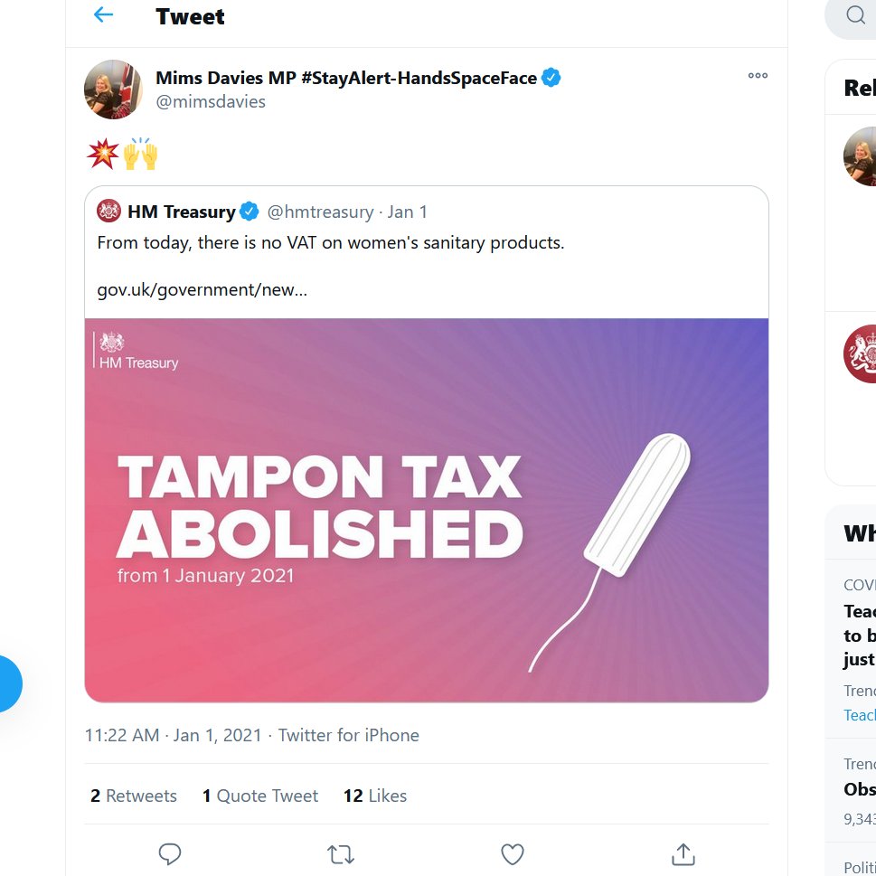 Mims Davies, Conservative MP for Mid Sussex quote tweeted the Treasury tweet, adding some celebratory emojis. Mim, you and your colleagues could have voted to abolish the Tampon tax five years ago. Why didn't you?