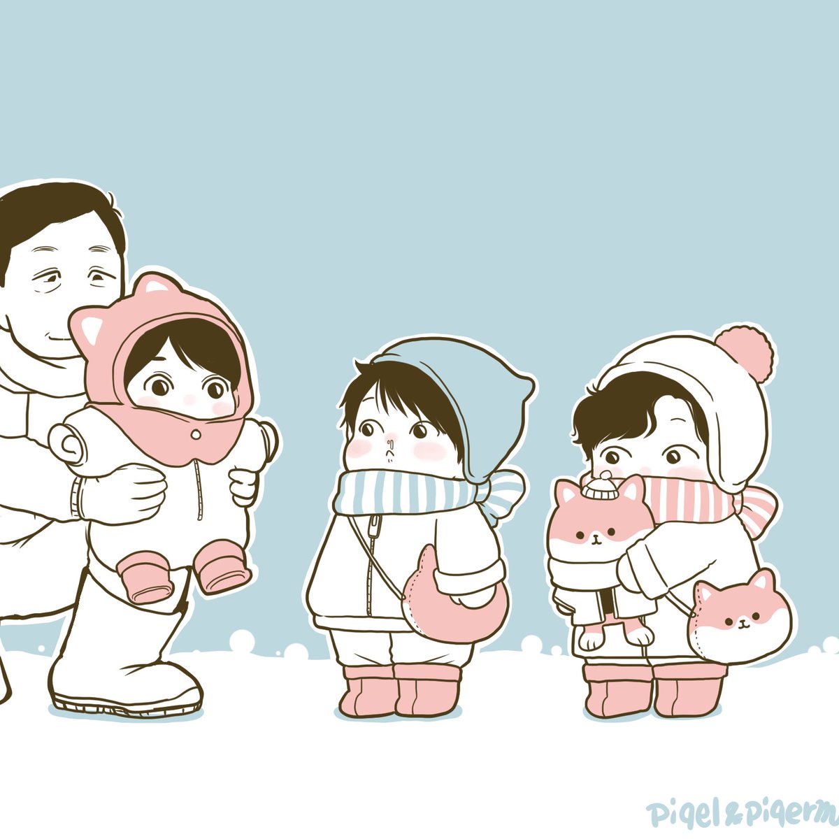 multiple boys scarf hat boots black hair male focus winter clothes  illustration images