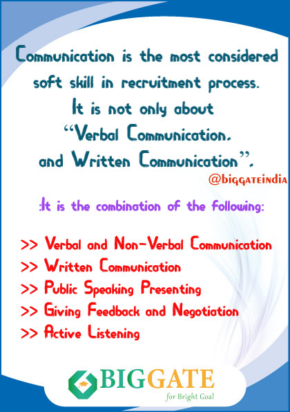 biggateindia's tweet photo. Communication is the most considered soft skill in recruitment process.
It is the Combination of the following:
Verbal and Non-Verbal Communication
Written Communication
Public Speaking Presenting
Giving Feedback and Negotiation
Active Listening
#elearning #edutech #education https://t.co/eX1jSuZ0tc