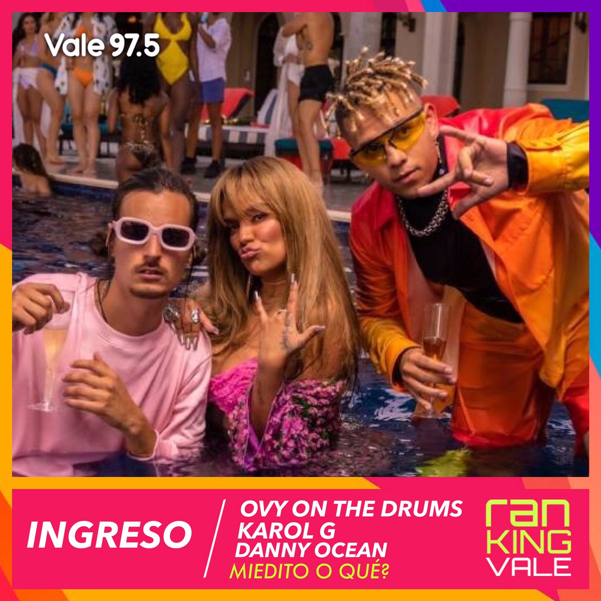 Vale975's tweet photo. INGRESO | ¡Bienvenidos! @OvyOnTheDrums + @karolg + @Dannocean > #MieditoOQue forma parte del #RankingVale! 🎉🎉🎉 https://t.co/6wOEDYPTiO