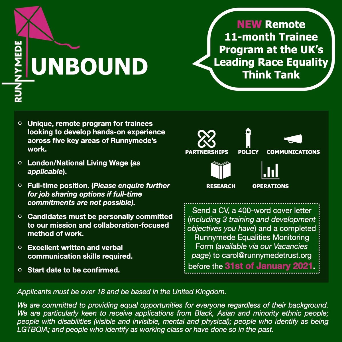 OPPORTUNITY: We <a href="/RunnymedeTrust/">Runnymede Trust</a> are looking to help develop future leaders with our new (remotely-delivered) #TraineeProgramme. This year we have (5) places available. Please do share this msg if you have friends, relatives, classmates or colleagues who may be interested. Thx! 😊