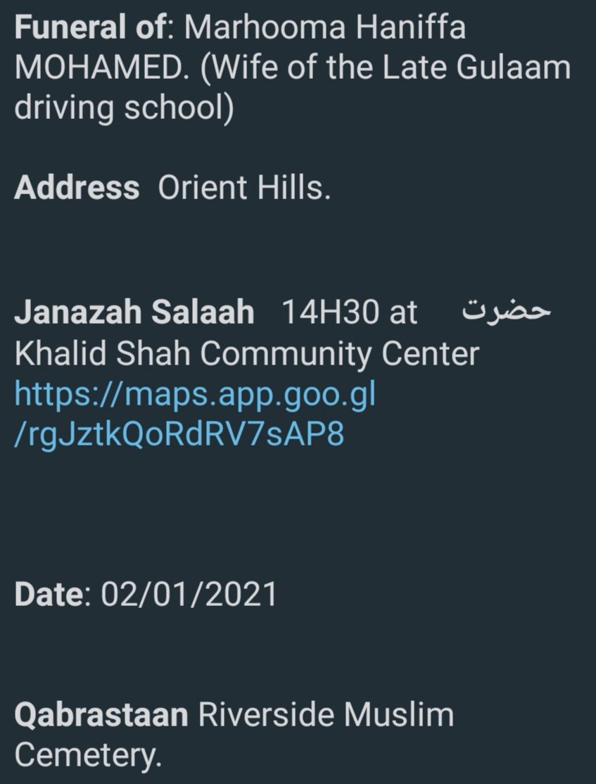 muslimfuneralsa's tweet photo. Funeral Notice of Rooksana Kader, Amina Mahomed, Zahid Mia, Nayima Khan, Haniffa Mohamed, Yusuf Mkhize https://t.co/PcC4naZSyp