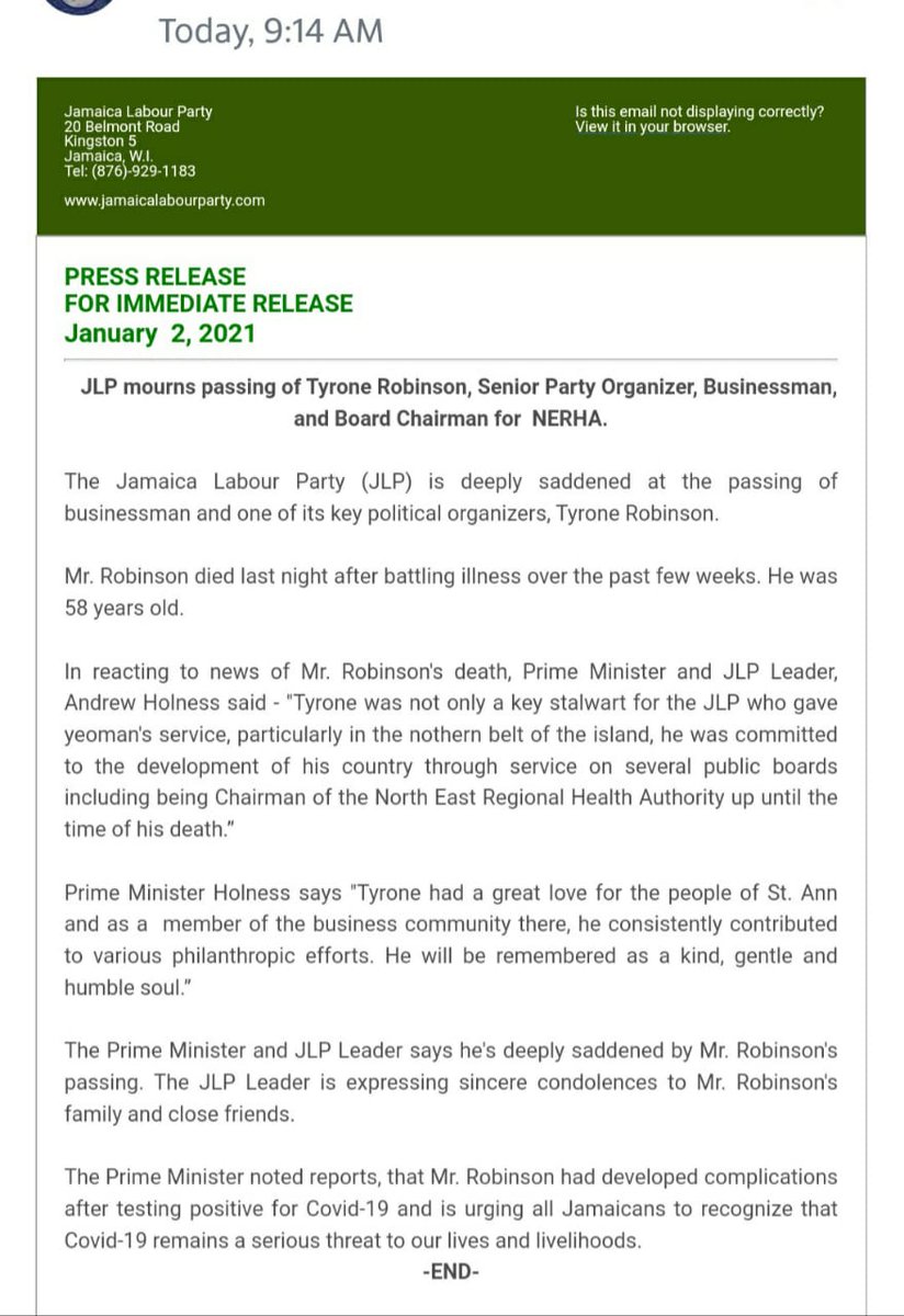 NationwideRadio's tweet photo. Members of the Jamaica Labour Party, JLP, are expressing great sadness at the passing of Senior Party Organizer, Businessman, and Board Chairman for NERHA, Tyrone Robinson. 

See press release below: https://t.co/oROqEz3JH1