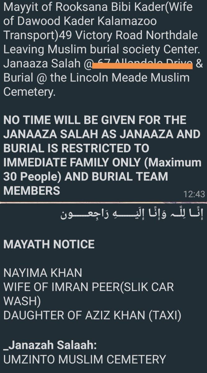 muslimfuneralsa's tweet photo. Funeral Notice of Rooksana Kader, Amina Mahomed, Zahid Mia, Nayima Khan, Haniffa Mohamed, Yusuf Mkhize https://t.co/PcC4naZSyp