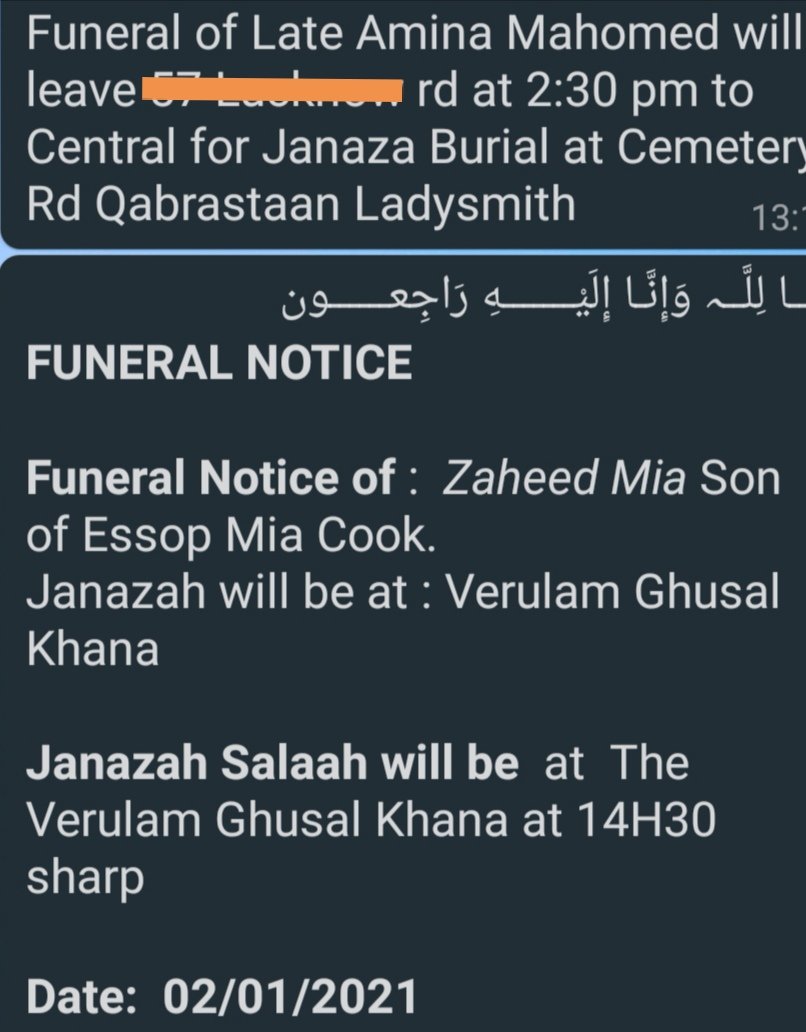 muslimfuneralsa's tweet photo. Funeral Notice of Rooksana Kader, Amina Mahomed, Zahid Mia, Nayima Khan, Haniffa Mohamed, Yusuf Mkhize https://t.co/PcC4naZSyp