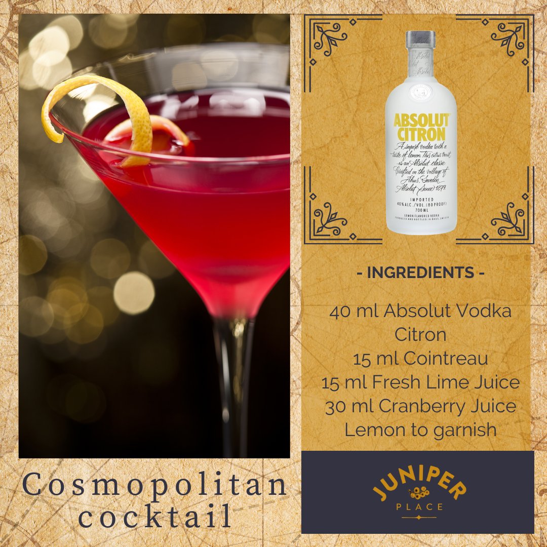 The sophisticated Cosmopolitan cocktail is described on our drinks menu as a ‘zesty blend of Absolut Citron, Triple Sec, cranberry, &amp; lime; truly timeless and effortlessly refreshing.’ Recipe and video: juniper-place.co.uk/how-to-make-a-… 
#juniperplace #cocktails #cardiff #swansea #recipes