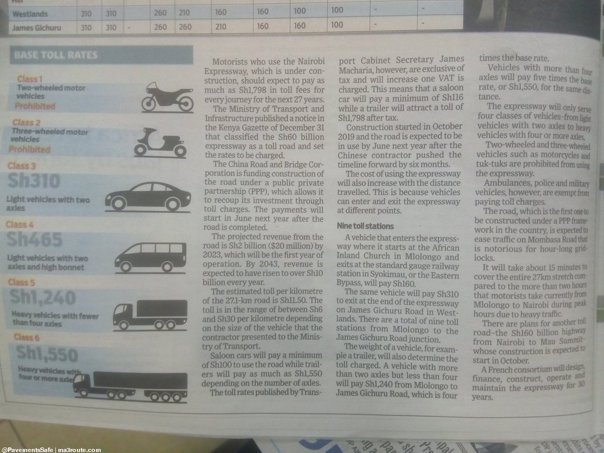 17:32 How much you will pay for using #NairobiExpressway and which classes of vehicles will be used.<a href="/KeNHAKenya/">Kenya National Highways Authority (KeNHA)</a>   via <a href="/PavementsSafe/">Safe Pavements in Kenya</a>