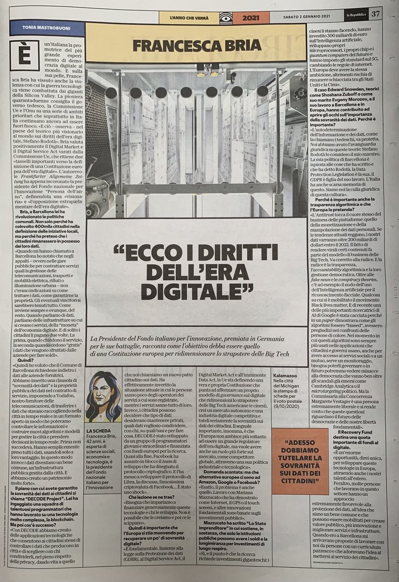 francesca_bria's tweet photo. Felice di essere nella lista di persone che secondo @repubblica definiscono l’anno che verra’, intervistata da @mastrobradipo. Diritti digitali e la tutela della sovranità’ sui dati dei cittadini saranno temi sempre piu’ importanti. https://t.co/iF2eVsFI0h