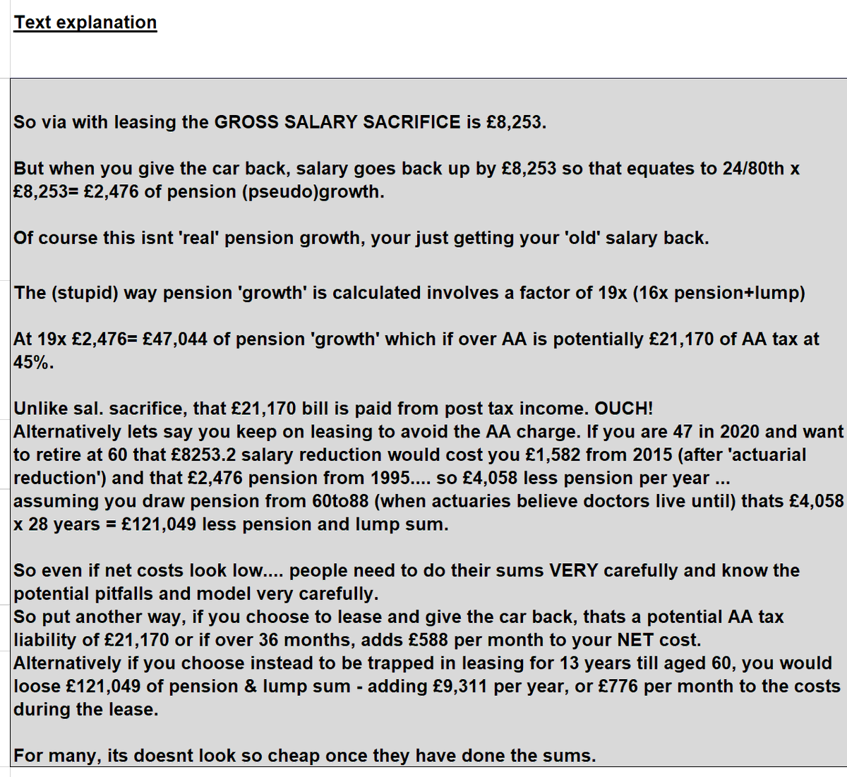 7/ So now you have completed the simple "input" stage, it will output them as a "text explanation" as to how the potential pension costs and implications have been calculated (put your own numbers in to get your own explanation). 