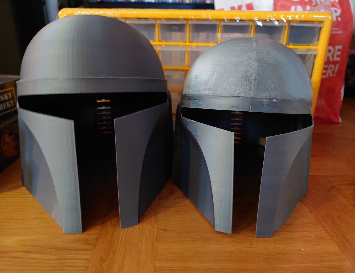 Emodylla's tweet photo. My daughter is thrilled that she gets to be "Boba" to. #mandalorian #helmets #inprogress tons of #sanding and #filling to be done but I'm starting to see the #costume come together https://t.co/i7NWlZFpy7