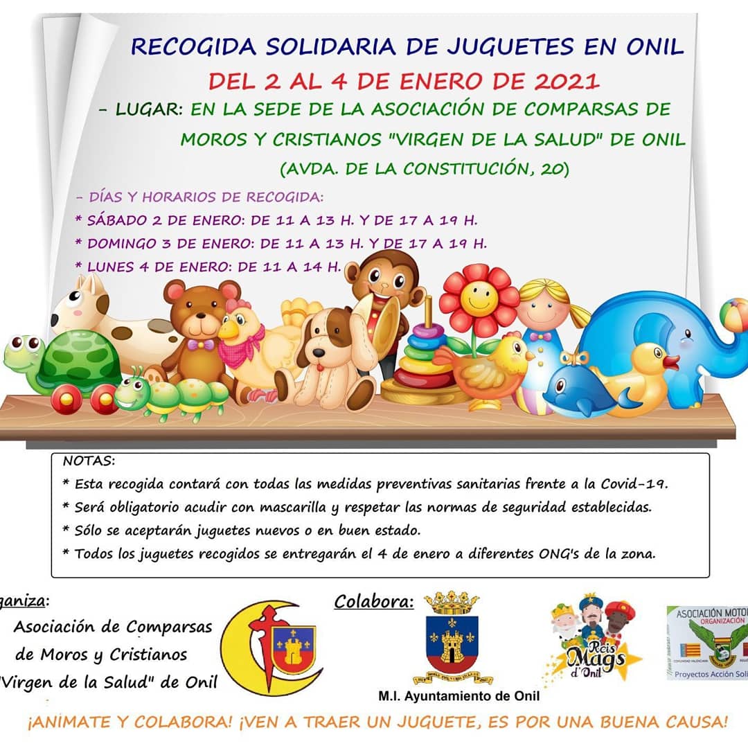 UNDEFmyc's tweet photo. "Recogida Solidaria de Juguetes en #Onil, del 2 al 4 de enero de 2021, en la sede de la Asociación de Comparsas de Moros y Cristianos "Virgen de la Salud" de Onil (Avda. de la Constitución, 20). 🧸⚽🥁

#undef #morosycristianos #música #pólvora #fiestas #tradición #Cultura #Onil https://t.co/RWO7ZKIQu7