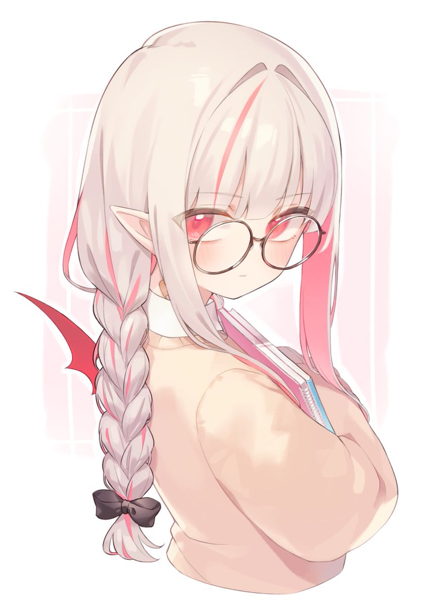 makaino ririmu 1girl solo glasses braid pointy ears red eyes looking at viewer  illustration images