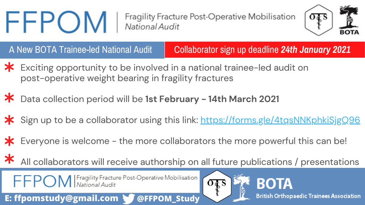 Welcome to the FFPOM Study 2021!  We are inviting all UK orthopaedic students/doctors/AHP's as potential collaborators to join our new BOTA-affiliated national audit.  Become a collaborator by signing up your hospital at forms.gle/4tqsNNKphkiSjg…  - deadline is 24th January 2021!