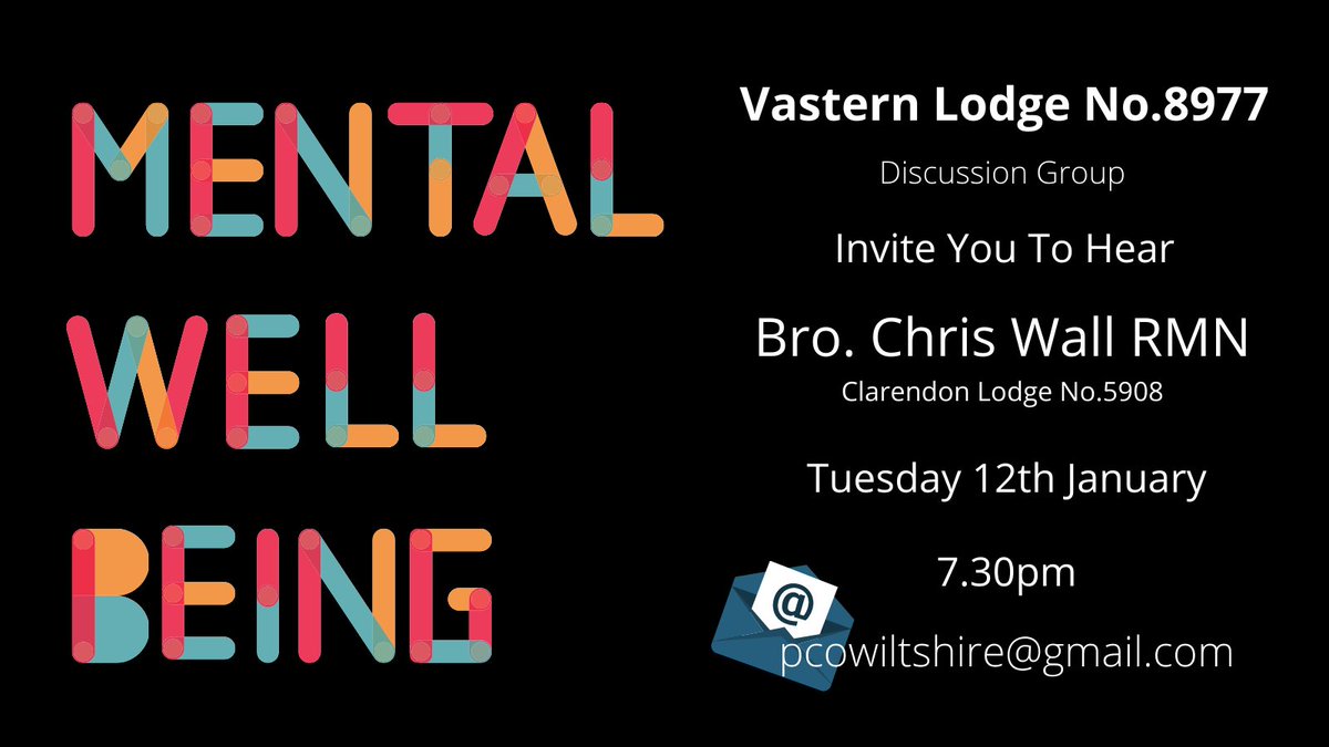 Wiltshire Freemasons (@wiltspgl) on Twitter photo Vastern Lodge No.8977 <a href="/8977Lodge/">Vastern Lodge No. 8977, Province of Wiltshire</a> is back for 2021 and you are invited to join their Discussion Group via ZOOM on Tuesday 12th January at 7.30pm. It's an opportunity to hear a health professional speak about a subject we don't discuss enough - Mental Well Being. Make the date. Vastern Lodge No.8977 <a href="/8977Lodge/">Vastern Lodge No. 8977, Province of Wiltshire</a> is back for 2021 and you are invited to join their Discussion Group via ZOOM on Tuesday 12th January at 7.30pm. It's an opportunity to hear a health professional speak about a subject we don't discuss enough - Mental Well Being. Make the date.