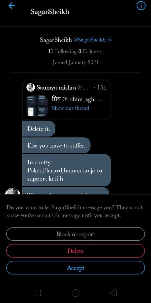 Arya_Anviksha_'s tweet photo. Okay. @SagarSheikh16  want is dead.
Just bcoz I tweeted yesterday, some old Msgs from my inbox, which I received on Sept.
The person is using my photo too. https://t.co/gnSWtdb04Y
