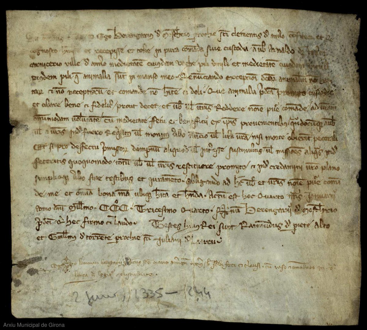 lecasellas's tweet photo. 1335, 2 de gener
Reconeixement de comanda de Berenguer de Mosquer, de Sant Climent de #Amer, a Arnau Desterrats, carnisser de la @viladAmer, de la meitat d’una vaca i de la meitat d'un vedell de pèl vermell que té al seu mas.
Promet custodiar-los i alimentar-los fidelment i... https://t.co/Y63F6E4jK6