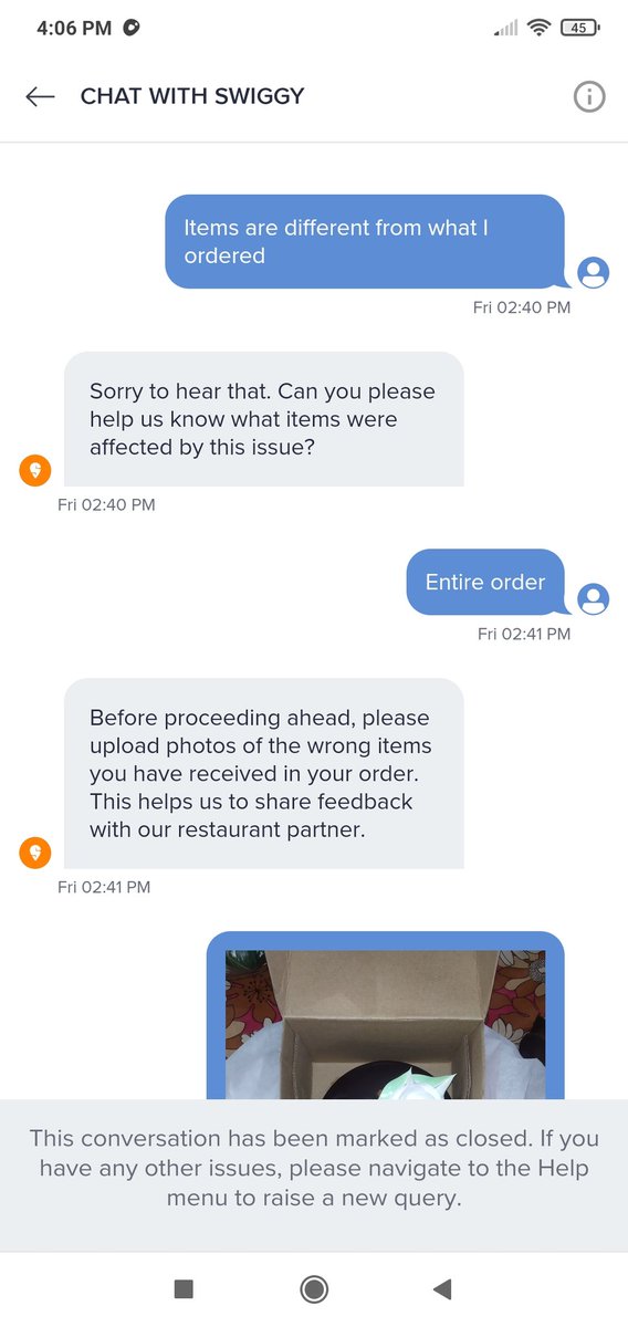 the_one_side's tweet photo. Yesterday I ordered a pineapple cake from a nearby restaurant but instead I recieved a chocolate cake. I also made a complaint in the help section for which I received an email whose screenshot has been attached below.
@swiggy_in @SwiggyCares https://t.co/DWCzcqVuly