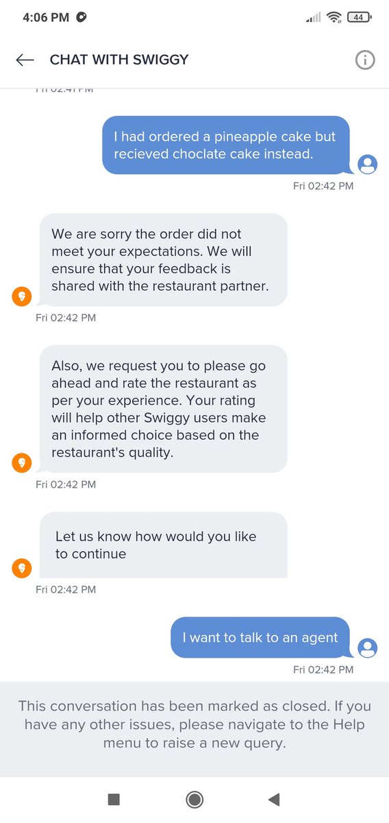 the_one_side's tweet photo. Yesterday I ordered a pineapple cake from a nearby restaurant but instead I recieved a chocolate cake. I also made a complaint in the help section for which I received an email whose screenshot has been attached below.
@swiggy_in @SwiggyCares https://t.co/DWCzcqVuly