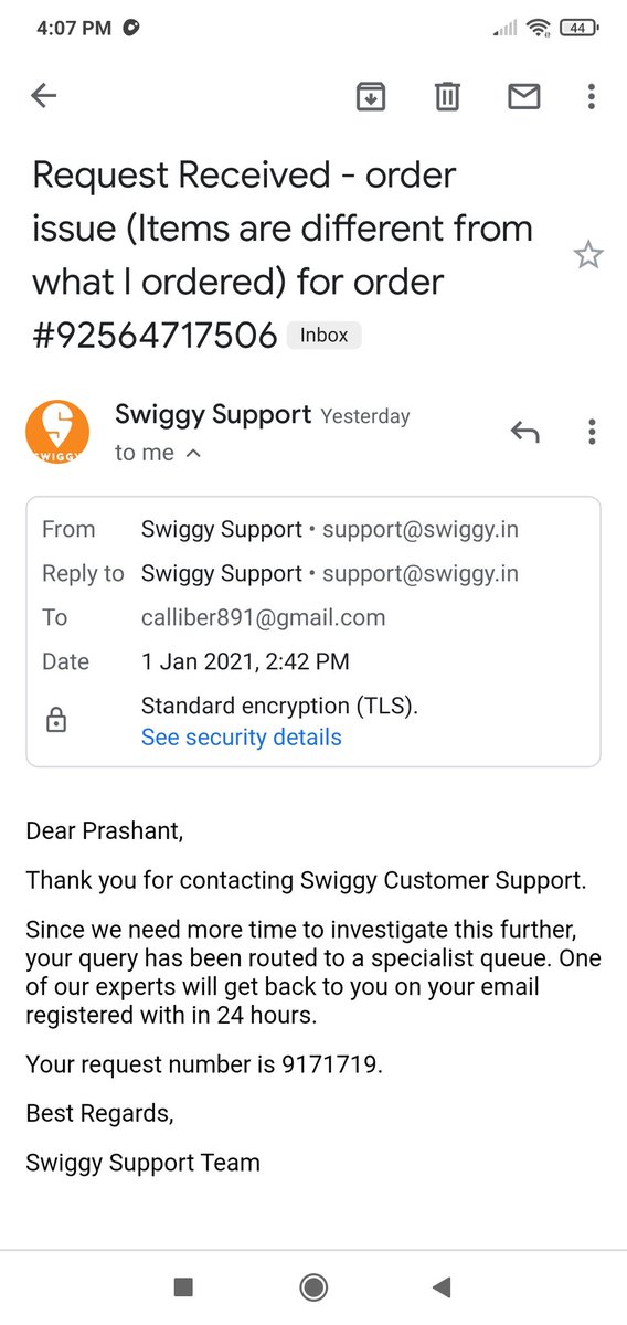 the_one_side's tweet photo. Yesterday I ordered a pineapple cake from a nearby restaurant but instead I recieved a chocolate cake. I also made a complaint in the help section for which I received an email whose screenshot has been attached below.
@swiggy_in @SwiggyCares https://t.co/DWCzcqVuly