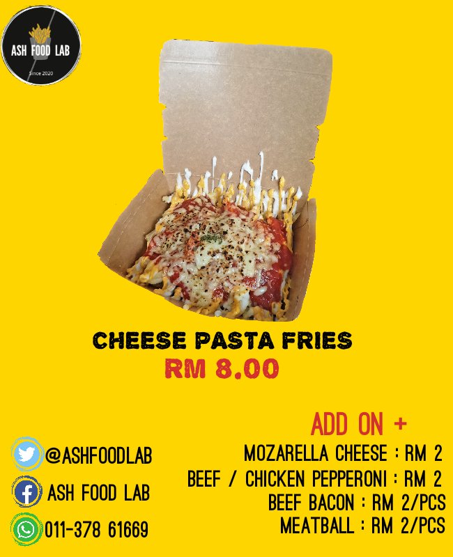 ASHFOODLAB's tweet photo. Carving For A Melted Cheese Fries🧀🍟? We Are The Right Place To Satisfied Your Desire🍟

Please Welcome To Our Stall At Medan Gopeng Ipoh😊

Cheese Pasta Fries 🧀🥫🍟 : RM 8.00 ONLY!!!

@MohKeIpoh @viralperak
#ashfoodlab
#ipohstreetfood
#comfirmkenyang https://t.co/Ao7hHGesEi
