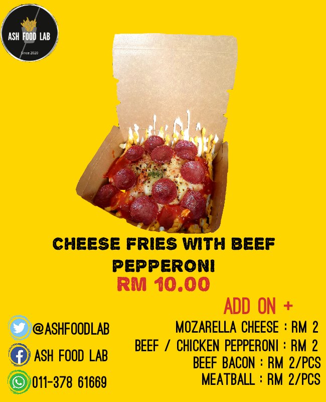 ASHFOODLAB's tweet photo. Carving For A Melted Cheese Fries🧀🍟? We Are The Right Place To Satisfied Your Desire🍟

Please Welcome To Our Stall At Medan Gopeng Ipoh😊

Cheese Fries With Beef Pepperoni 🧀🍟🍕 : RM 10.00 ONLY!!!

@MohKeIpoh @viralperak
#ashfoodlab
#ipohstreetfood
#comfirmkenyang https://t.co/Zq4b2iiFdS