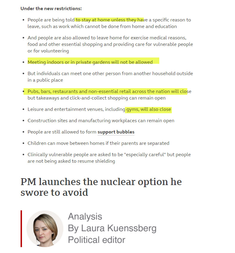 ¿Cuáles fueron esas medidas en noviembre? Boris las anunció el 31 de octubre. La analista de la BBC lo tituló "la opción nuclear".- confinamiento domiciliario salvo excepciones laborales, etc.- prohibidas las reuniones- hostelería y gimnasios cerrados https://www.bbc.com/news/uk-54763956