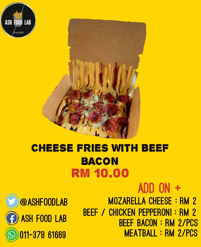 ASHFOODLAB's tweet photo. Carving For A Melted Cheese Fries🧀🍟? We Are The Right Place To Satisfied Your Desire🍟

Please Welcome To Our Stall At Medan Gopeng Ipoh😊

Cheese Fries With Beef Bacon 🧀🍟🥓 : RM 10.00 ONLY!!!

@MohKeIpoh @viralperak
#ashfoodlab
#ipohstreetfood
#comfirmkenyang https://t.co/Wo0NuKrGV0