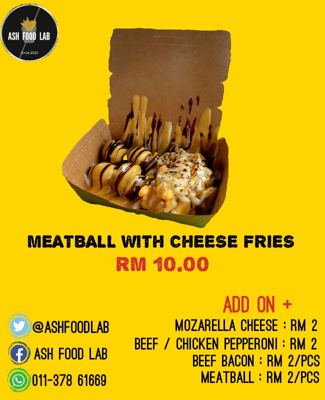 ASHFOODLAB's tweet photo. Carving For A Melted Cheese Fries🧀🍟? We Are The Right Place To Satisfied Your Desire🍟

Please Welcome To Our Stall At Medan Gopeng Ipoh😊

MeatBall With Cheese Fries 🧆🧀🍟 : RM 10.00 ONLY!!!

@MohKeIpoh @viralperak
#ashfoodlab
#ipohstreetfood
#comfirmkenyang https://t.co/HltOtaSgIx