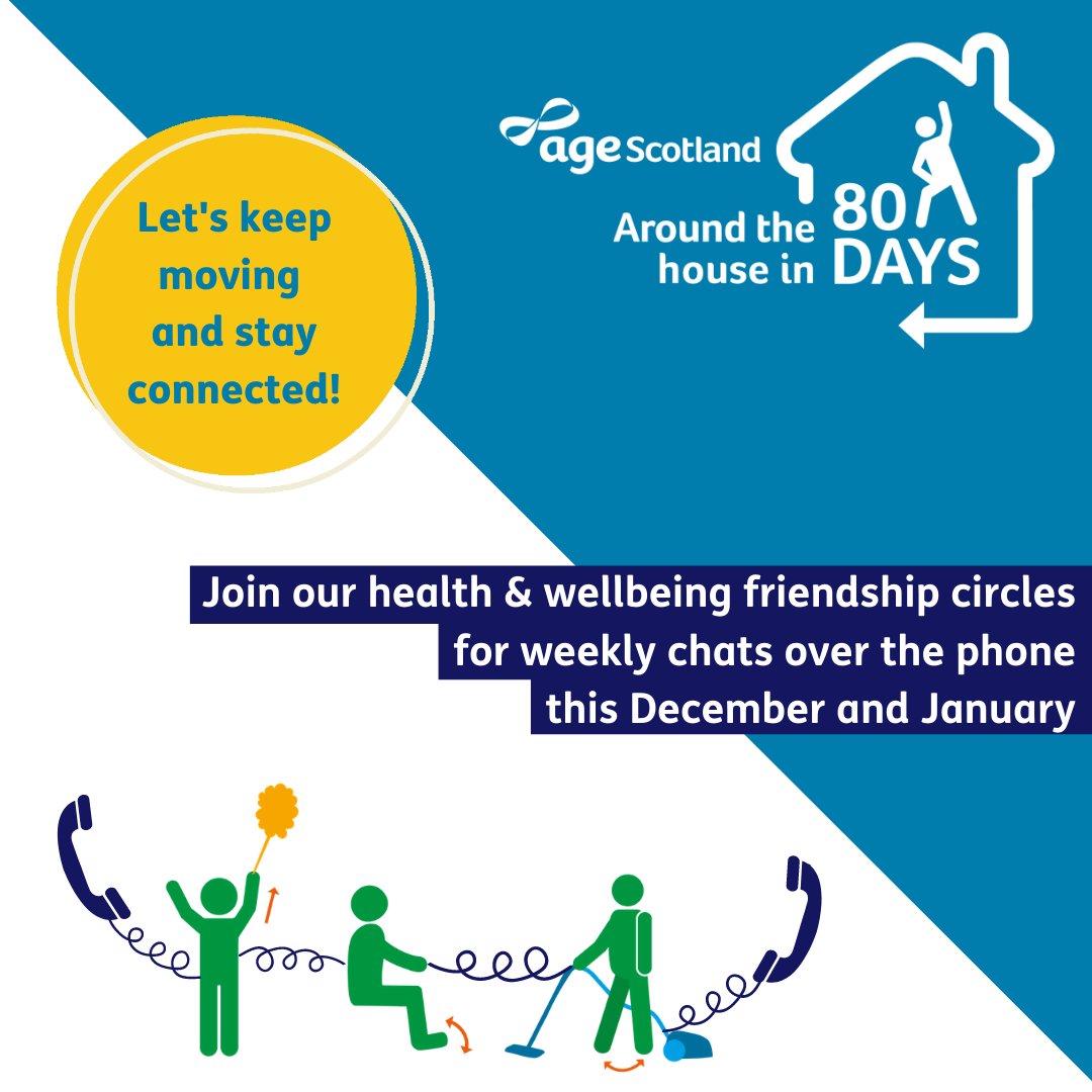 agescotland's tweet photo. With exercise classes and group activities closed, it can be difficult to stay active especially in winter.
Our Around the House in 80 Days telephone Friendship Circles can help you keep moving with health and wellbeing tips and hints.
Give us a call on 0333 32 32 400.
#ATH80 https://t.co/7foC875h4N