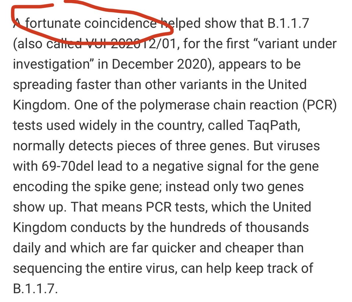 7) To be clear,  @thermofisher did not “design” the TaqPath PCR test primers to the B117 variant. As  @kakape points out, it was a “fortunate coincidence” it picked up the 69-70 deletion in the variant. Dumb luck basically.  #thermofisherpandemicprofiteer https://www.sciencemag.org/news/2020/12/mutant-coronavirus-united-kingdom-sets-alarms-its-importance-remains-unclear