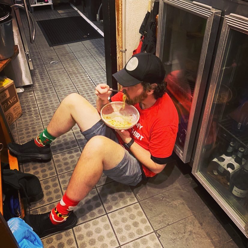 efficentnotlazy's tweet photo. Whoever said hospitality wasn’t classy clearly has never seen me eat at work on a massive night. Semi-cold pasta, concrete floor, Christmas Eve rush. What more could you want? Dressed by @meh_ink_au #hospo #hospolife #stillfun #bignight #longmonth #stayclassy #thebennett https://t.co/GZjYlrMjqD