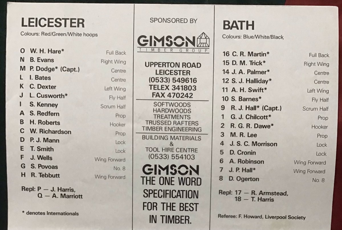 The two clubs faced off in their first ever league game in September 1987. Tigers won this one 24-13 setting them on the road to the first league title. Bath arrogantly won four of the next five titles before Tigers got another go on the trophy.