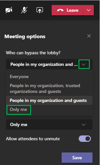 11. Participant menu #2 - if you need to remove someone, change permissions (either 1. more actions menu, meeting actions or 2. participants list, manage permissions). Change the bypass lobby function to only me so that they can't just join back, they have to be left in by you
