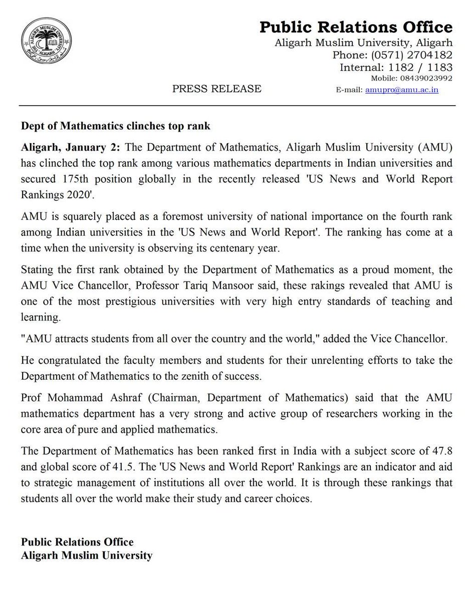 #AMU Dept of Mathematics clinches top rank <a href="/PIB_India/">PIB India</a> @PIBHRD <a href="/DG_PIB/">Dhirendra Ojha</a> <a href="/DrRPNishank/">Dr. Ramesh Pokhriyal Nishank</a> <a href="/SanjayDhotreMP/">Sanjay Dhotre</a> <a href="/EduMinOfIndia/">Ministry of Education</a> <a href="/ugc_india/">UGC INDIA</a> <a href="/PMOIndia/">PMO India</a> <a href="/ProfTariqManso1/">Tariq Mansoor</a> <a href="/AwasthiAwanishK/">Awanish K Awasthi</a> <a href="/mygovindia/">MyGovIndia</a> <a href="/rashtrapatibhvn/">President of India</a> <a href="/AMUJournal/">AMU Journal</a> <a href="/QatarAmu/">AMU Alumni Association Qatar</a> <a href="/AmuPortal/">AMU News Portal</a> <a href="/amualumni/">AMU Alumni</a> <a href="/AMUNetwork/">AMU Network</a> <a href="/AMUAACA/">AMUAA of California</a> <a href="/PTI_News/">Press Trust of India</a> <a href="/ANI/">ANI</a>