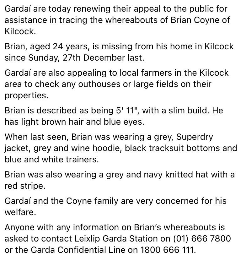 shanandhercanon's tweet photo. Hi folks, a young man from my hometown has gone missing. His name is Brian Coyne, he’s 24 and he was last seen in the Square in Kilcock, Co. Kildare on Sunday December 27th. Pic includes description of clothes he was last seen in. Please please please share far and wide https://t.co/SlHnRKJcHj