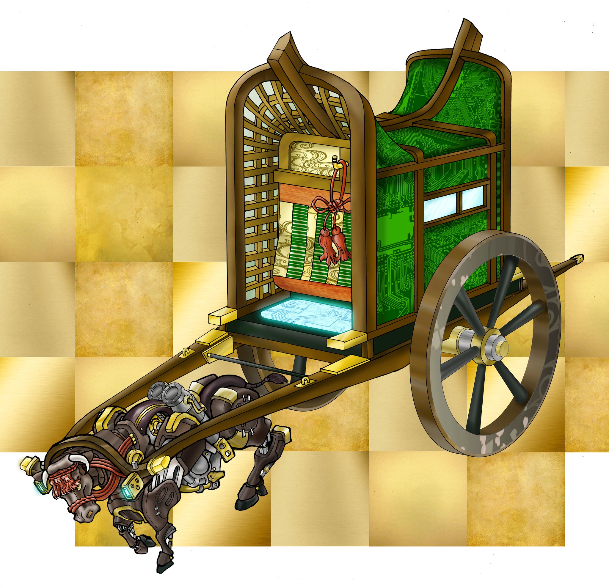 スチーム 構成中だった サイバネティックス牛車 やっと作画 出来ました まだお正月期間なので アップさせてもらいます あけましておめでとうございます サイバーパンク スチームパンクイラスト 牛絵巻 丑年 お正月 金屏風 T Co