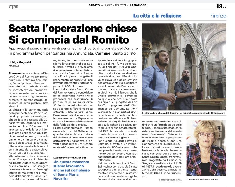TittaMeucci's tweet photo. Un piano di restauri delle chiese di proprietà comunale: dopo S. Spirito, Carmine, Santa Maria Novella, approvato l’intervento da 200mila € per il Sacro Cuore al Romito. Proseguiremo su Santissima Annunziata ed è in gara un progetto da 400mila € per tutti i complessi ⛪️ https://t.co/5J5QBeRfcP